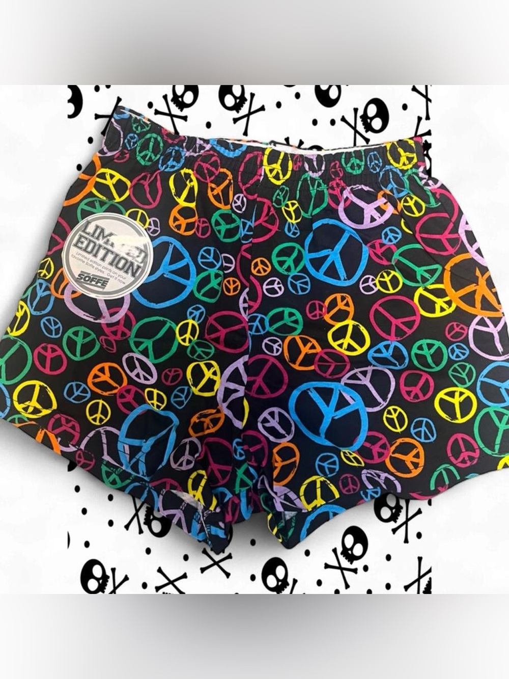 Soffe Black Women's Shorts with Multicolor Peace Sign Print